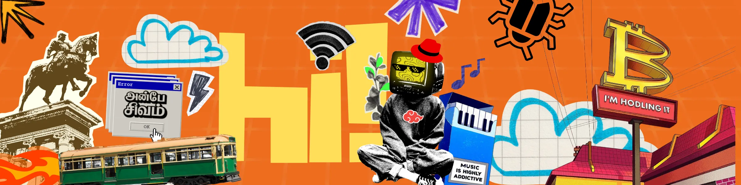 ForkLore collage: a big yellow 'hi!' on orange, with a Melbourne tram trailing fire, a spinning purple asterisk, an equestrian statue, a retro error window, a wifi symbol, a bug, a floating TV-headed figure in a red hat and pixel sunglasses, and a Bitcoin sign reading 'I'm hodling it'.